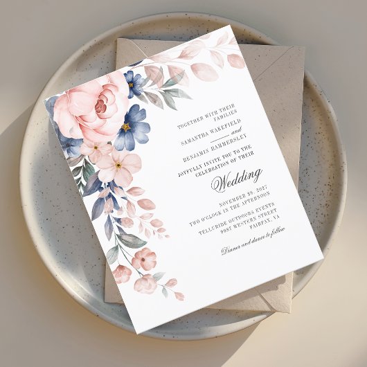 Papier Dusty Blue Floral Rose Aquarelle Mariage Inviter