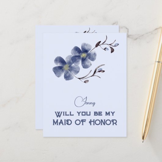 Papier Dusty Blue Floral Serez-vous ma femme d'honneur (Devant/Arrière en situation)