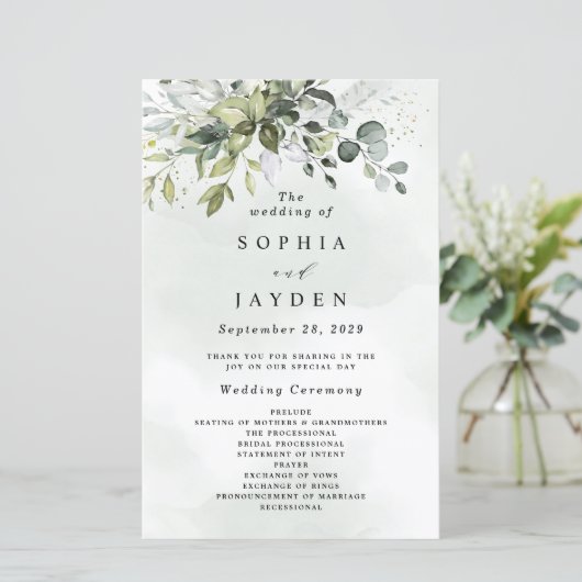 Papier Dusty Blue Greenery Floral Rustic Wedding Programm (Debout devant)