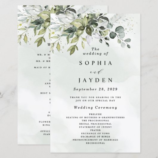 Papier Dusty Blue Greenery Floral Rustic Wedding Programm (Devant / Derrière)