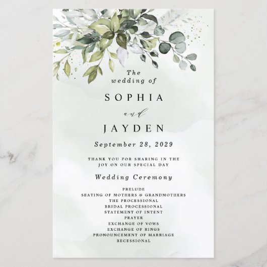 Papier Dusty Blue Greenery Floral Rustic Wedding Programm (Devant)