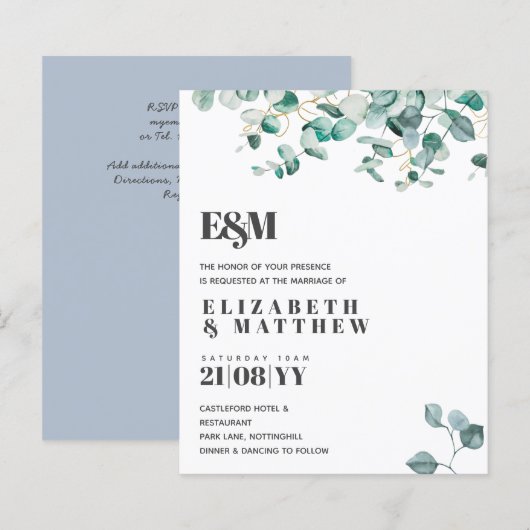 Papier Dusty Blue Greenery Leafy Budget Mariage Inviter (Devant / Derrière)