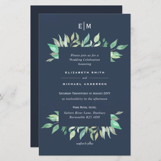 Papier Dusty Blue Greenery Leafy Budget Mariage Inviter A (Devant / Derrière)