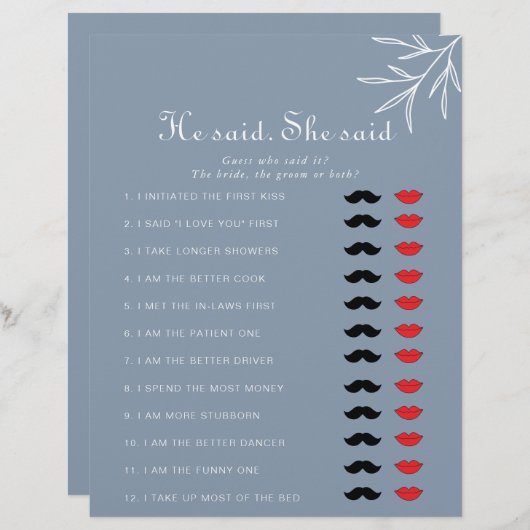 Papier Dusty Blue Il Dit Qu'Elle A Dit Fête des mariées G (Devant / Derrière)