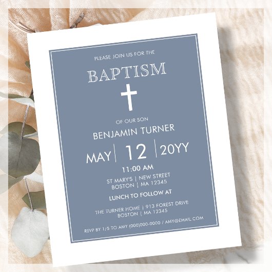 Papier Dusty Blue | Invitation du baptême moderne