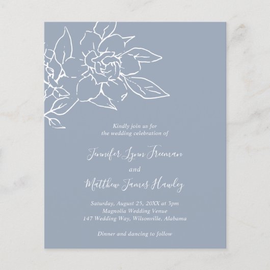 Papier Dusty Blue Line Art Floral Budget Mariage Inviter (Devant)