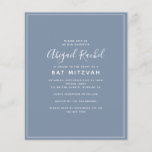 Papier Dusty Blue Moderne Budget Bat mitzvah Invitation<br><div class="desc">Une invitation Bat mitzvah simple et moderne **VEUILLEZ LIRE AVANT D'ACHETER** Notre gamme de papeterie à petit budget mesure 4.5" x 5.6" et s'intègre dans une enveloppe A6, qui sont disponibles en toutes sortes de couleurs dans votre magasin de papeterie local ou vous pouvez ajouter des blancs à votre commande...</div>