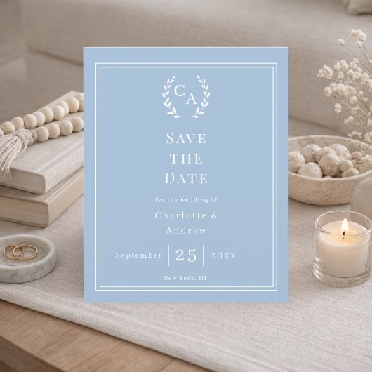 Papier Dusty blue monogram wreath wedding Save the Date 