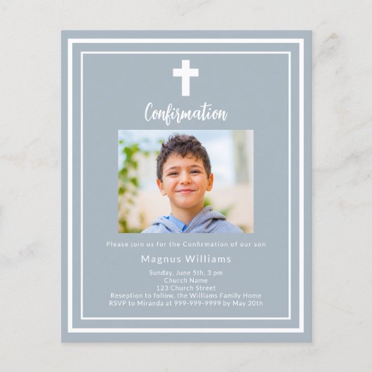 Papier Dusty blue photo boy Invitation de confirmation (Devant)