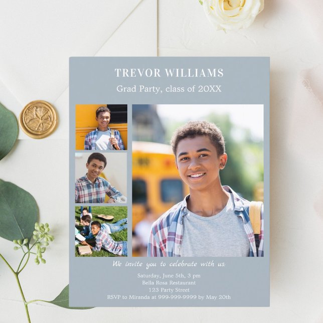 Papier Dusty blue photo Graduation Party invitation (Créateur téléchargé)