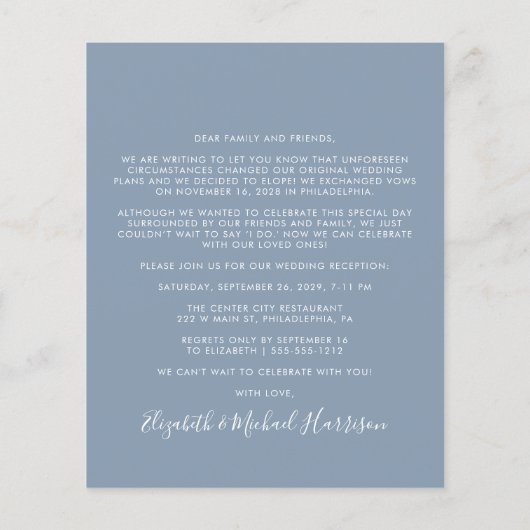 Papier Dusty Blue Photo Mariage Réception Invitation (Dos)