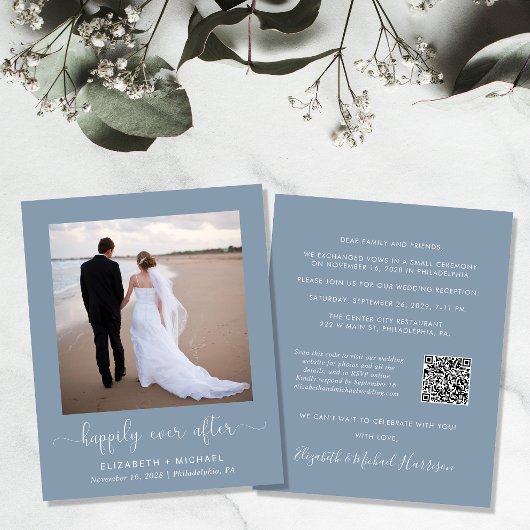 Papier Dusty Blue Photo QR Code Mariage Invitation de réc