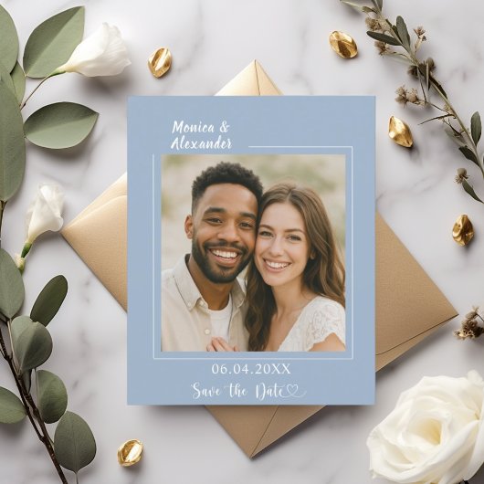 Papier Dusty blue photo wedding Save the Date card