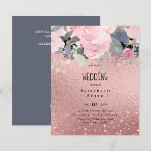 Papier Dusty Blue Rosegold Mariage floral Invitation