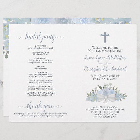 Papier Dusty Blue Roses do-it-yourself Pold Catholic Wedd (Devant / Derrière)