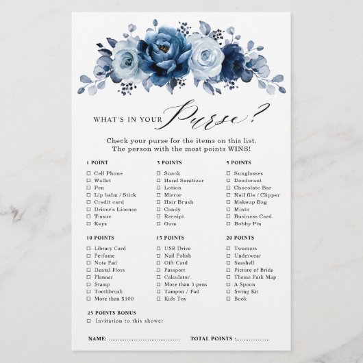 Papier Dusty Blue Slate Navy Floral Bride jeu de douche (Devant)