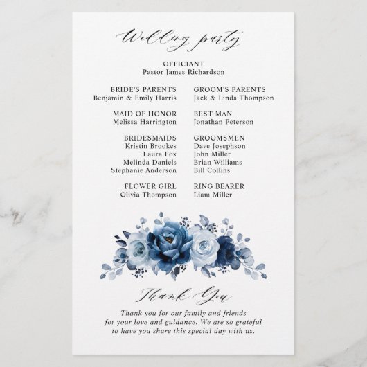 Papier Dusty Blue Slate Navy Floral Wedding Program (Dos)