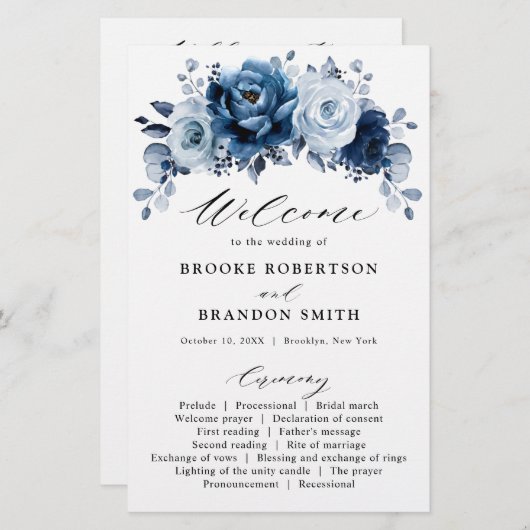 Papier Dusty Blue Slate Navy Floral Wedding Program (Devant / Derrière)