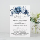 Papier Dusty Blue Slate Navy Floral Wedding Program (Debout devant)