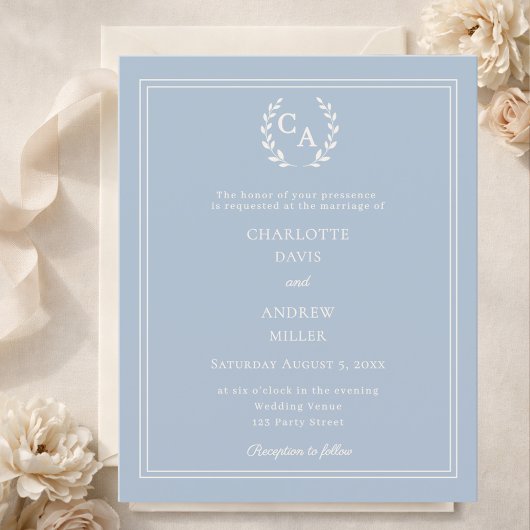 Papier Dusty blue wreath monogram wedding invitation