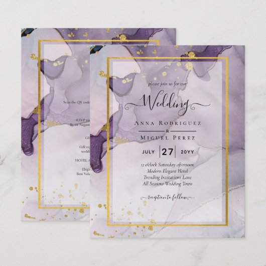 Papier Dusty Purple Gold Alcohol Encre Mariage Abstrait (Devant / Derrière)