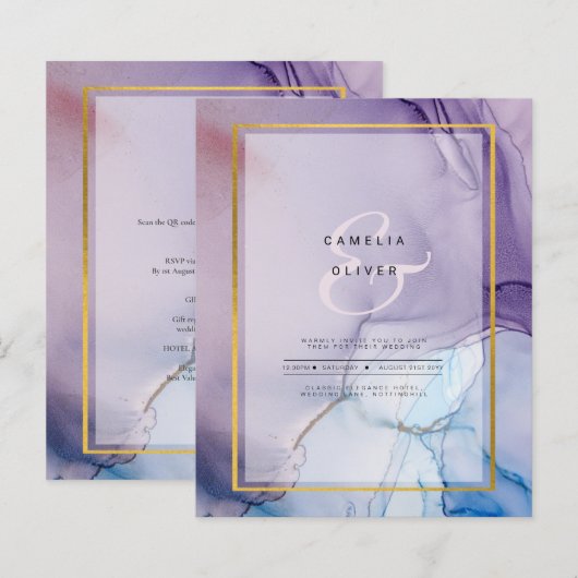 Papier Dusty Purple Navy Blue Gold INK Wedding INVITE (Devant / Derrière)