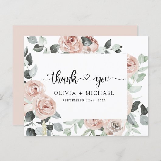 Papier Dusty rose Floral verdure Merci Invitation (Devant / Derrière)