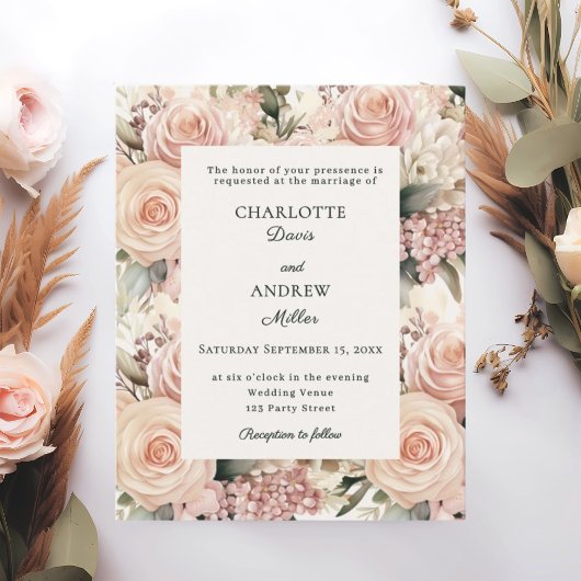 Papier Dusty rose mauve ivory florals wedding invitation