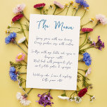 Papier Écriture manuscrite moderne Script bleu Mariage Dé<br><div class="desc">Ce menu mariage décontracté et moderne avec une police qui imite l'écriture manuscrite est parfait pour un mariage d'été, mariage décontracté ou toute autre célébration où vous voudriez utiliser des cartes de menu personnalisées. Ce modèle de menu dispose d'un arrière - plan bleu - toutes les couleurs de cette carte...</div>