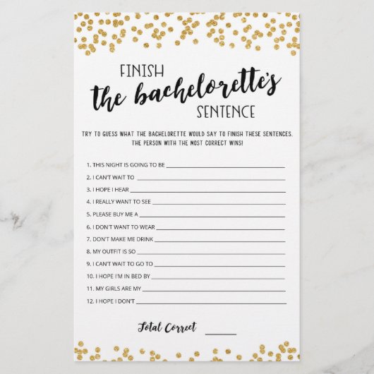 Papier Editable Finish the Bachelorette's Sentence Game (Devant)