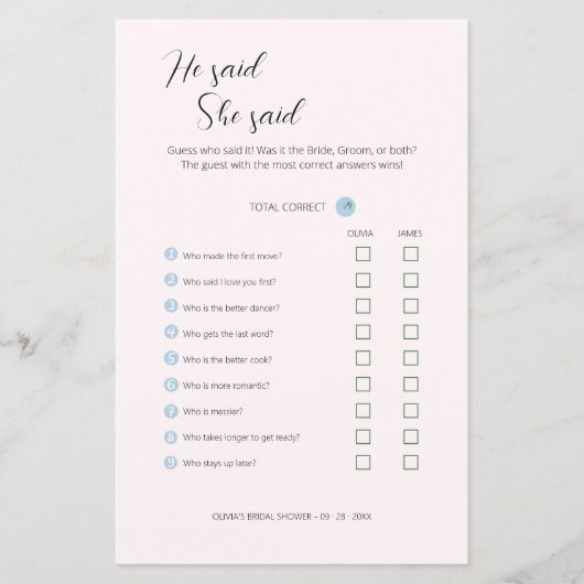 Papier Editable Il A Dit Qu'Elle A Dit Wedding shower Gam (Devant)