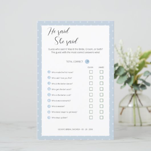 Papier Editable Il A Dit Qu'Elle A Dit Wedding shower Gam (Debout devant)