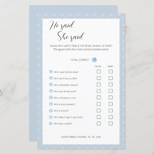 Papier Editable Il A Dit Qu'Elle A Dit Wedding shower Gam (Devant / Derrière)