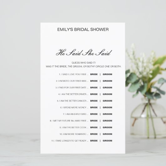 Papier Editable Il A Dit Qu'Elle A Dit Wedding shower Jeu (Debout devant)