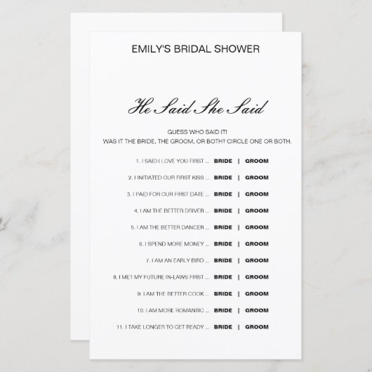 Papier Editable Il A Dit Qu'Elle A Dit Wedding shower Jeu (Devant / Derrière)