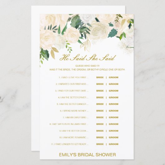 Papier Editable Il A Dit Qu'Elle A Dit Wedding shower Jeu (Devant / Derrière)