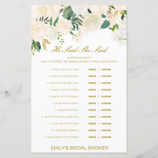 Papier Editable Il A Dit Qu'Elle A Dit Wedding shower Jeu (Devant)