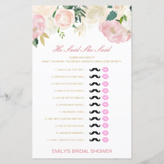 Papier Editable Il A Dit Qu'Elle A Dit Wedding shower Jeu (Devant)