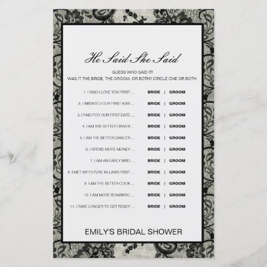 Papier Editable Il A Dit Qu'Elle A Dit Wedding shower Jeu (Devant)