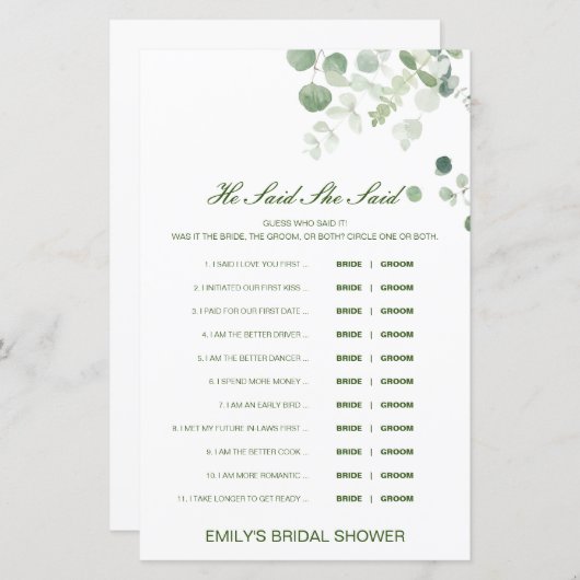 Papier Editable Il A Dit Qu'Elle A Dit Wedding shower Jeu (Devant / Derrière)