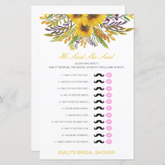 Papier Editable Il A Dit Qu'Elle A Dit Wedding shower Jeu (Devant / Derrière)