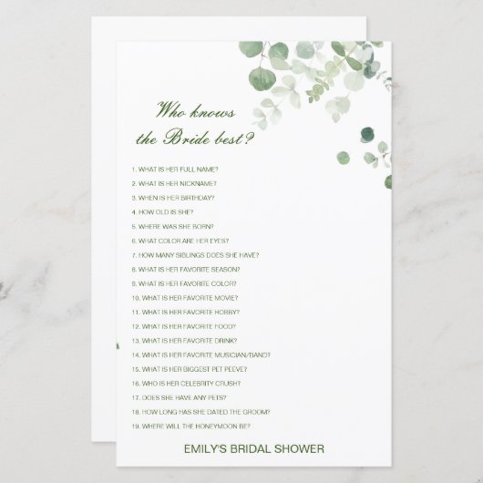 Papier Editable Qui Connaît Mariée Meilleure Fête des mar (Devant / Derrière)