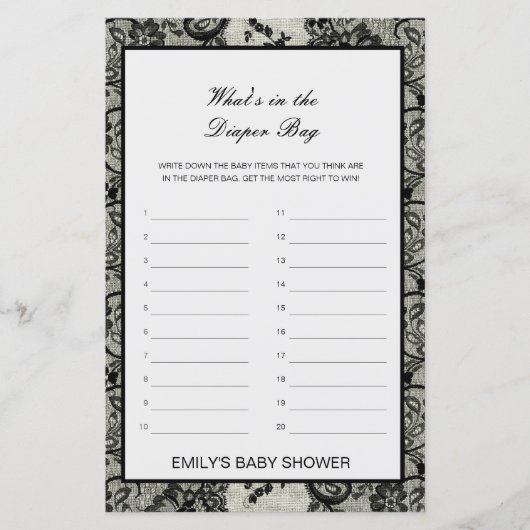 Papier Editable What's in the Diaper Bag Baby shower Game (Devant)