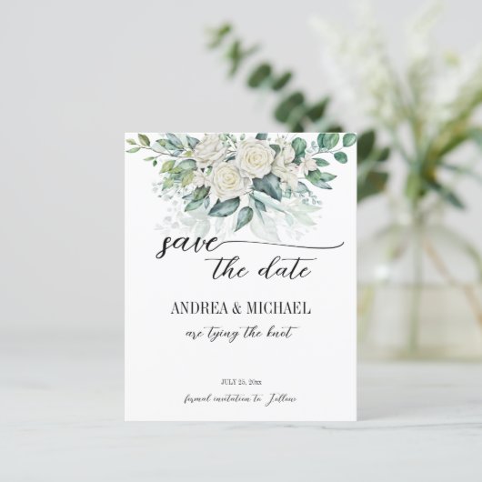 Papier Eeucalyptus vert roses blanches sauver la date (Debout devant)