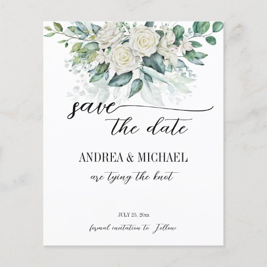 Papier Eeucalyptus vert roses blanches sauver la date (Devant)