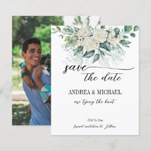 Papier Eeucalyptus vert roses blanches sauver la date