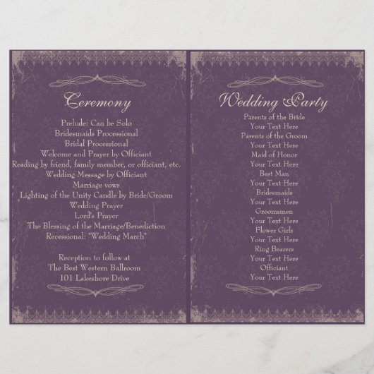 Papier Éggplant Purple Vintage Cérémonie de mariage Progr (Devant)