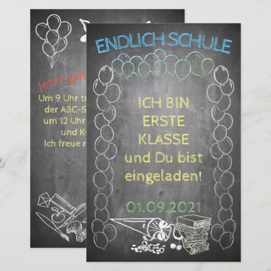 Papier Einladungskarte zur Einschulung im Tafelstil (Devant / Derrière)