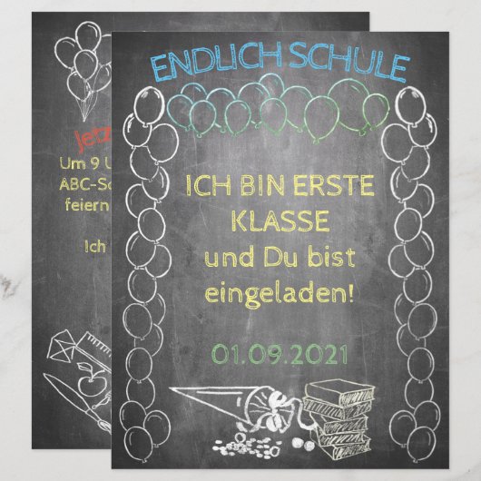 Papier Einladungskarte zur Einschulung im Tafelstil (Devant / Derrière)