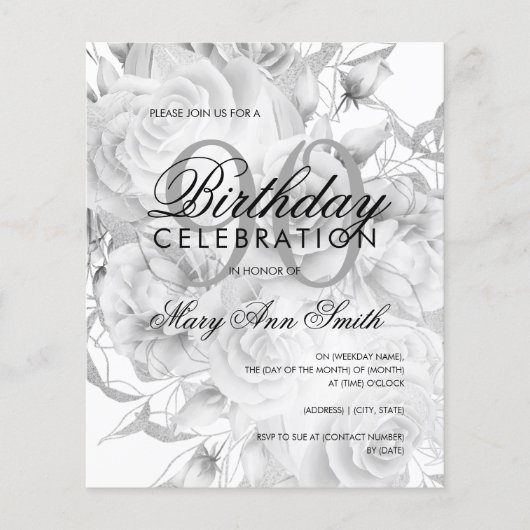 Papier Elégant 90e anniversaire Floral Argent blanc Invit (Devant)